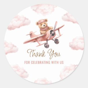 Sticker Rond Cute Ours avion rose fille Merci Baby shower
