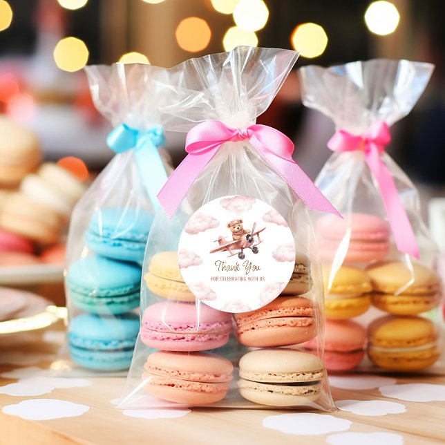 Sticker Rond Cute Ours avion rose fille Merci Baby shower (Cute Bear Airplane Pink Girl Baby Shower Thank You Classic Round Sticker)