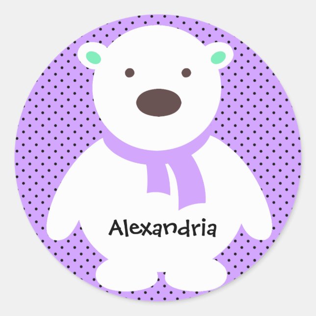 Sticker Rond Cute Ours Polaire sur Lilac, Ajouter un nom (Devant)