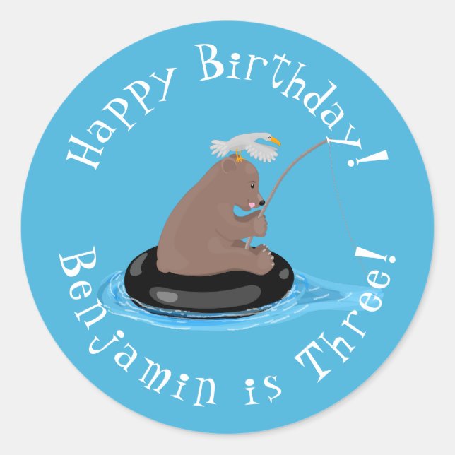 Sticker Rond Cute ourson ourson pêche anniversaire personnalisé (Devant)