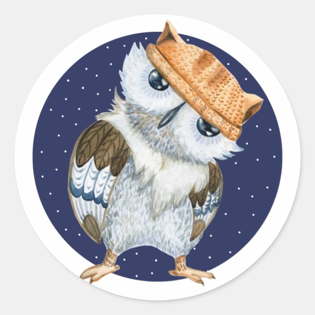 Sticker Rond Cute Owl en Casquette (Devant)