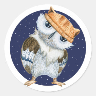 Sticker Rond Cute Owl en Casquette