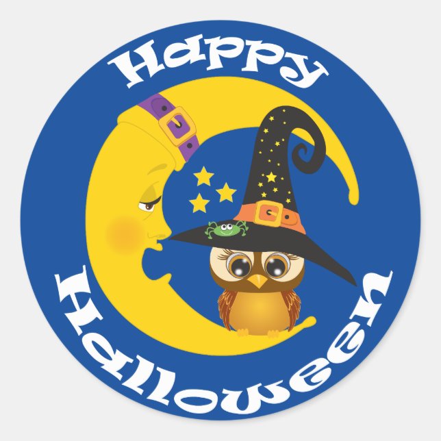 Sticker Rond Cute Owl et Moon Halloween (Devant)
