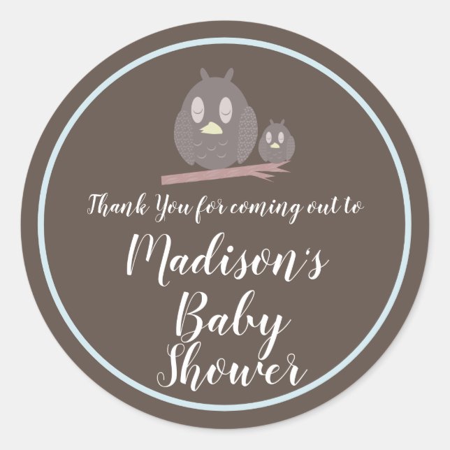Sticker Rond Cute Owl Maman et Baby shower ou Révéler Merci (Devant)