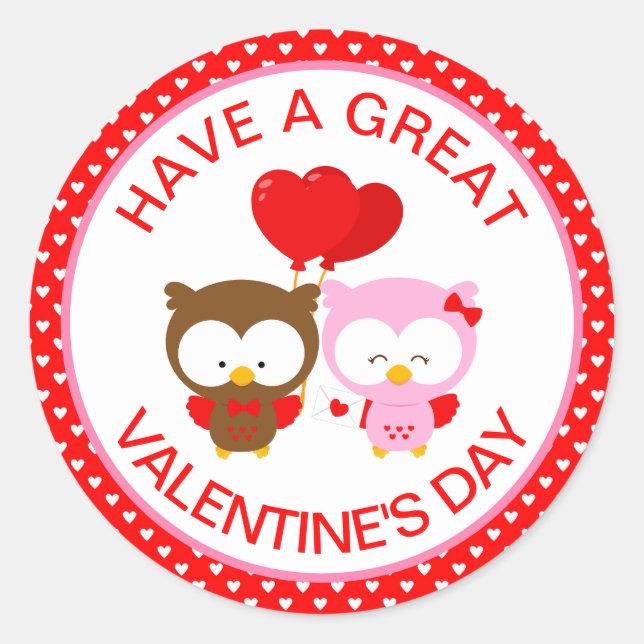 Sticker Rond Cute Owls Couple and Hearts Saint-Valentin (Devant)