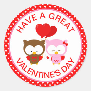Sticker Rond Cute Owls Couple and Hearts Saint-Valentin