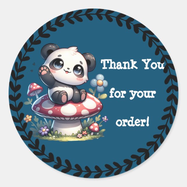 Sticker Rond Cute Panda assise sur du Merci de champignons (Devant)