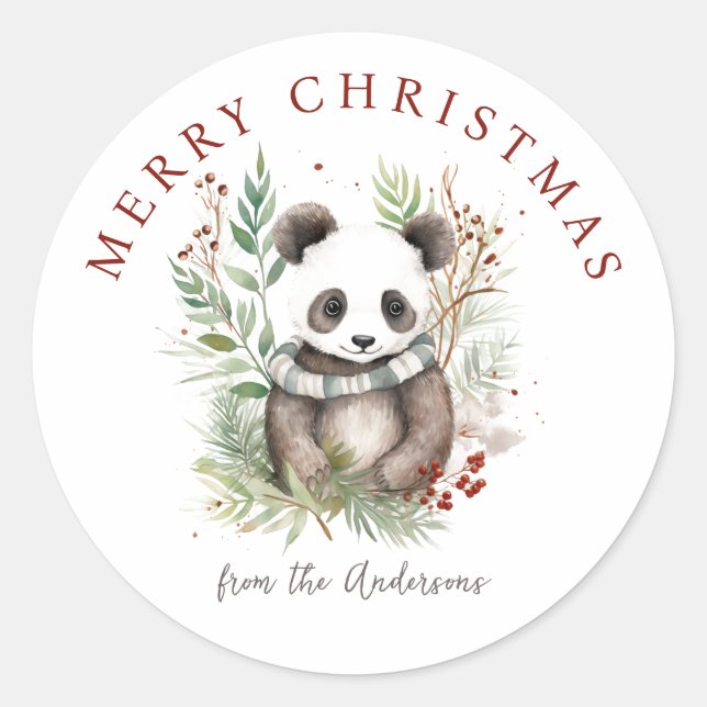 Sticker Rond Cute Panda Baby Rustique chic botaniques de Noël (Devant)