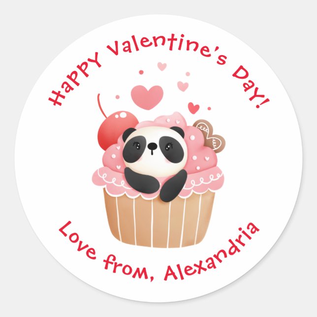 Sticker Rond Cute Panda dans Cupcake Custom Kids Saint-Valentin (Devant)