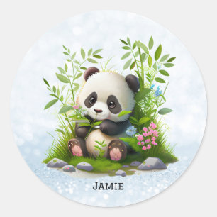 Sticker Rond Cute Panda Personnalisé rose Floral Bambou