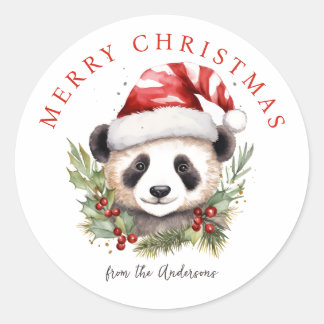 Sticker Rond Cute Panda Porte chapeau de Père Noël