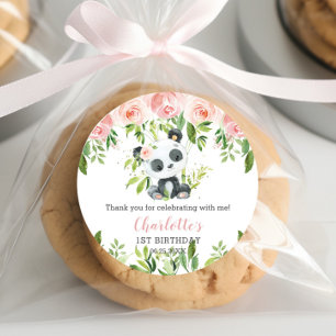 Sticker Rond Cute Panda Rose Floral Bamboo Baby shower Annivers