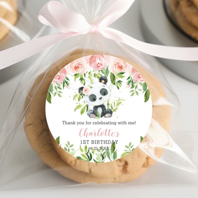 Sticker Rond Cute Panda Rose Floral Bamboo Baby shower Annivers (Créateur téléchargé)