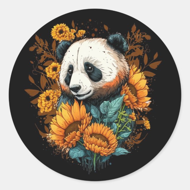 Sticker Rond Cute Panda Tournesol Lover Dessin Art (Devant)