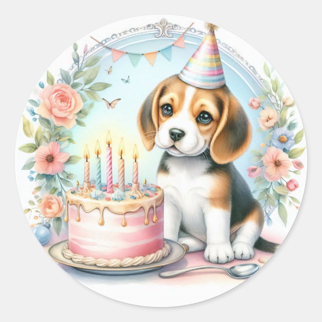 Sticker Rond Cute Pastel Beagle chiot - Anniversaire (Devant)