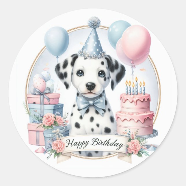 Sticker Rond Cute Pastel Chiot Dalmatien - Anniversaire (Devant)
