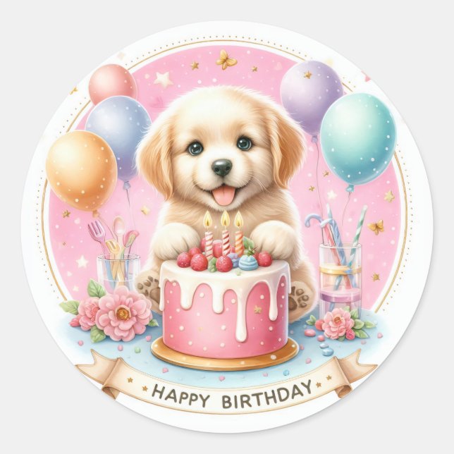 Sticker Rond Cute Pastel Chiot Labrador - Anniversaire (Devant)