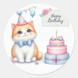 Sticker Rond Cute Pastel Kitten Gâteau d'anniversaire - Anniver