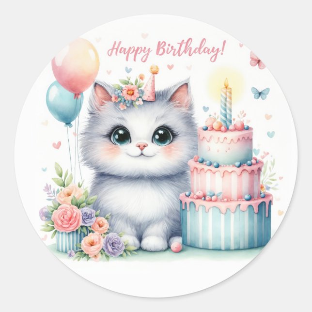 Sticker Rond Cute Pastel Kitten Gâteau d'anniversaire - Anniver (Devant)