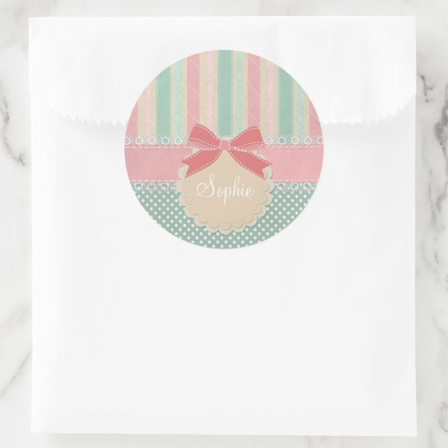 Sticker Rond Cute Pastel Polka Dot & Stripes Design (Sac)