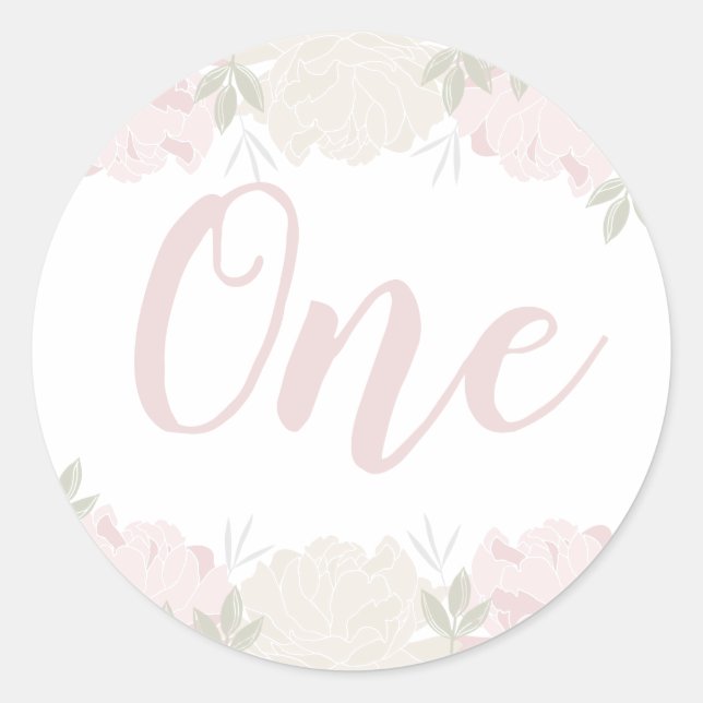 Sticker Rond Cute Pastel Rose Floral Baby's 1er anniversaire (Devant)