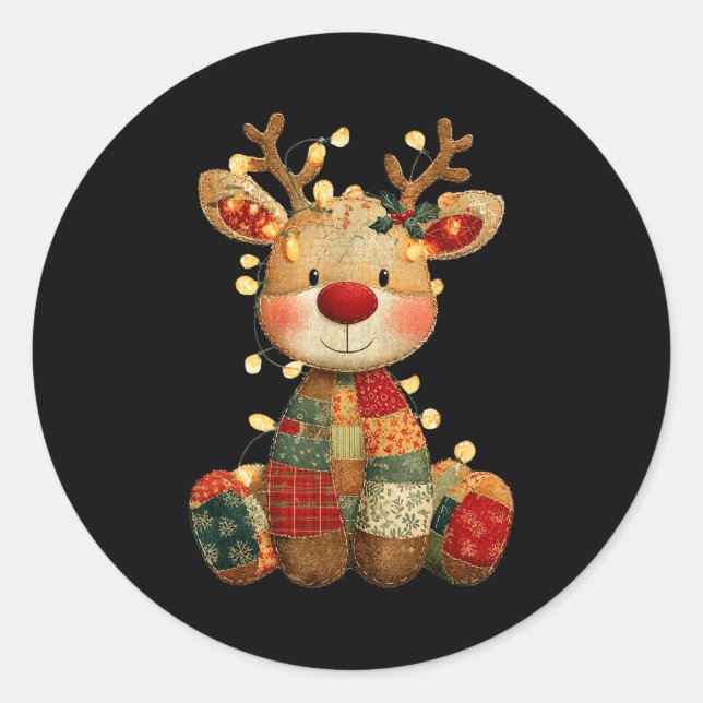 Sticker Rond Cute Patchwork Reindeer Christmas Xmas Men Women K (Devant)