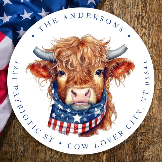 Sticker Rond Cute Patriotic Cow 4 juillet Adresse de retour (Créateur téléchargé)
