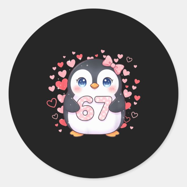 Sticker Rond Cute Penguin 67 Six Seven Valentine Hearts 6 7 Mem (Devant)