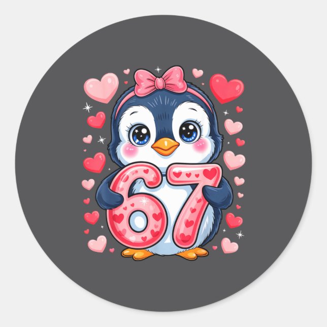 Sticker Rond Cute Penguin 67 Six Seven Valentine Hearts 6 7 Mem (Devant)