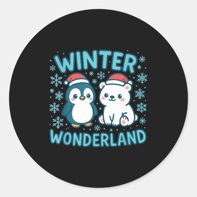 Sticker Rond Cute Penguin And Lar Bear Winter Wonderland Christ (Devant)