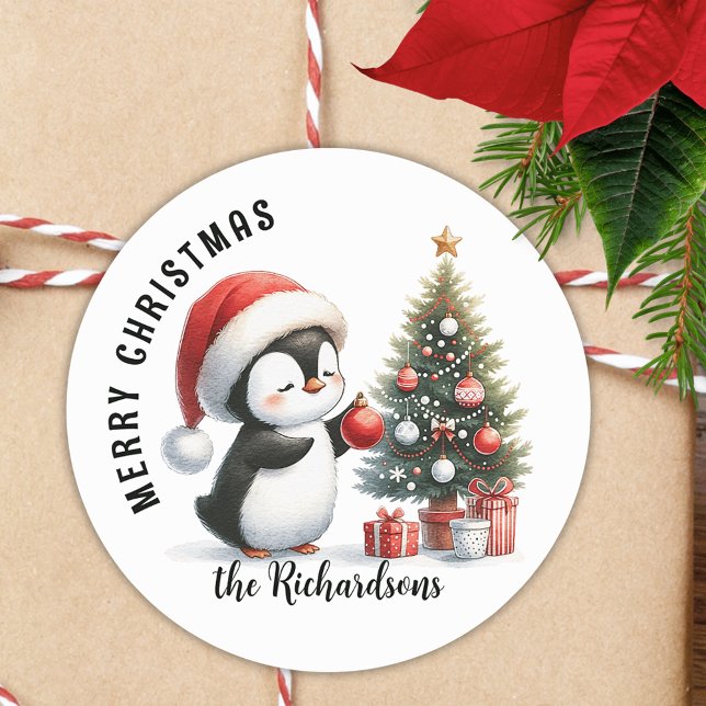 Sticker Rond Cute Penguin Moderne Personnalisé Joyeux Noël (Créateur téléchargé)