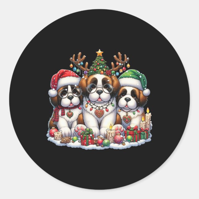 Sticker Rond Cute Père Noël Reindeer Elf Saint Bernard Christma (Devant)