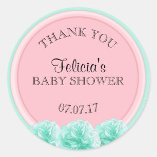 Sticker Rond Cute Personnalisée Monnaie Rose Vert Baby shower F
