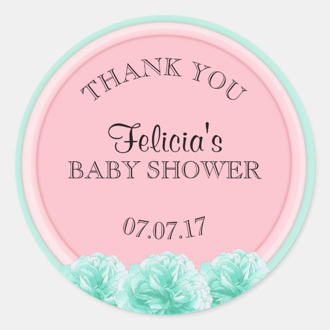 Sticker Rond Cute Personnalisée Monnaie Rose Vert Baby shower F (Devant)