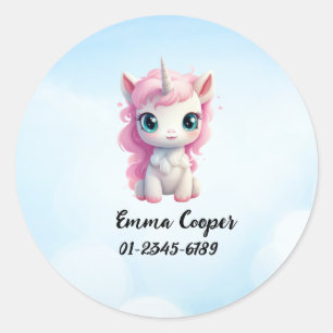 Sticker Rond Cute personnalisée Unicorne, Nom, Numéro de téléph