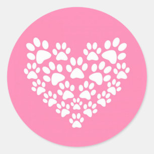 Sticker Rond Cute Pet Lover Blanc Rose Coeur Empreinte de patte