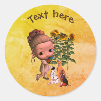 Sticker Rond Cute Petite Fille Et Chiots Personnalisés