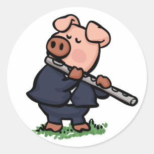 Sticker Rond Cute Pig jouant de la bande dessinée de flûte   ch