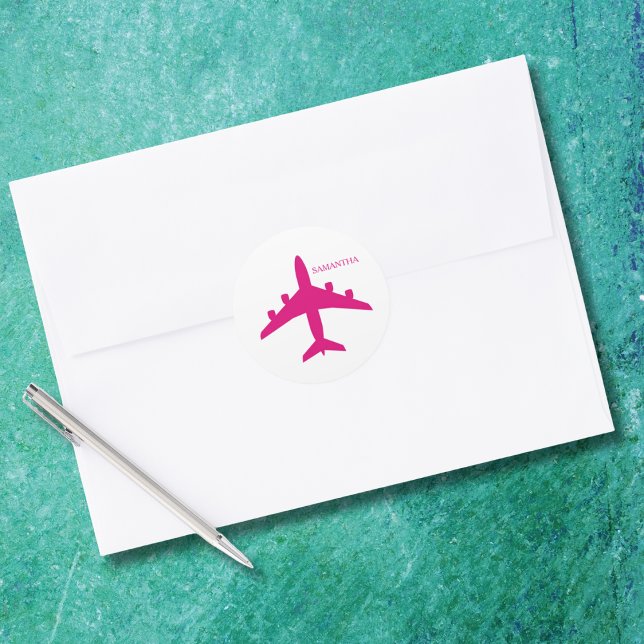 Sticker Rond Cute Pink Airplane Girl Pilot Personalized  (Créateur téléchargé)