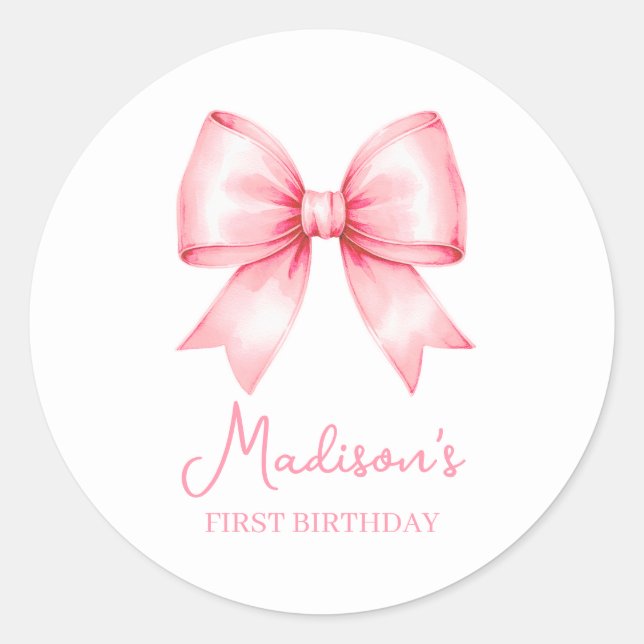Sticker Rond Cute Pink Bow Girl First Birthday (Devant)