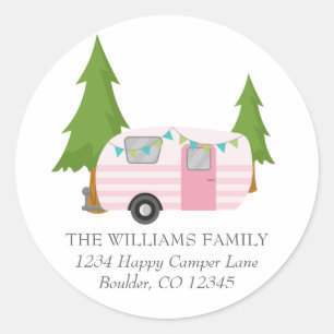 Sticker Rond Cute Pink Camper Outdoor Lovers Adresse de retour