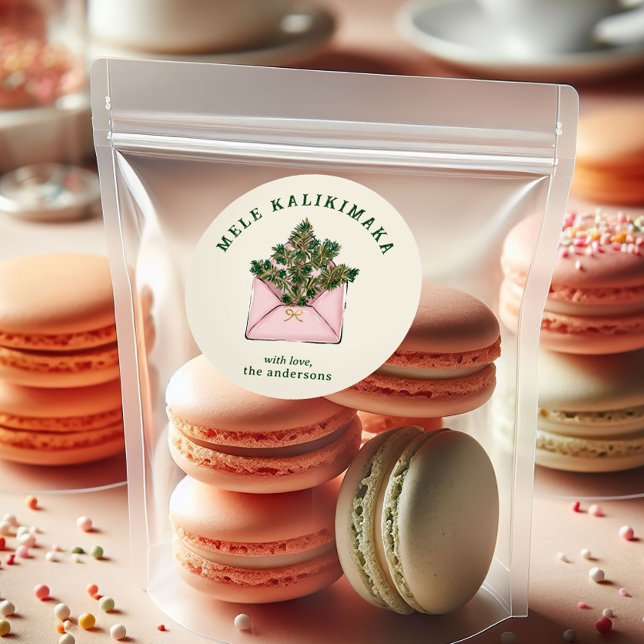 Sticker Rond Cute Pink Envelope Holly Greenery Mele Kalikimaka  (Créateur téléchargé)