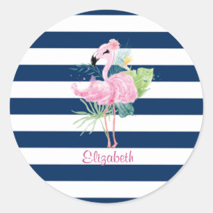 Sticker Rond Cute Pink Flamingos Tropical Leaf, Striped