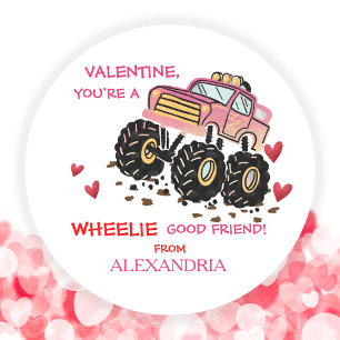 Sticker Rond Cute Pink Monster Truck School Valentine