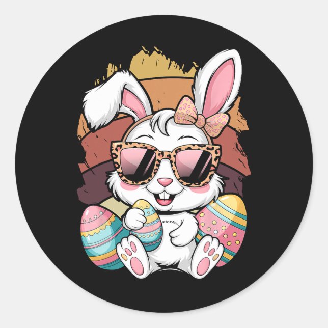 Sticker Rond Cute Pink Plaid Pattern Easter Bunny Face Rabbit E (Devant)