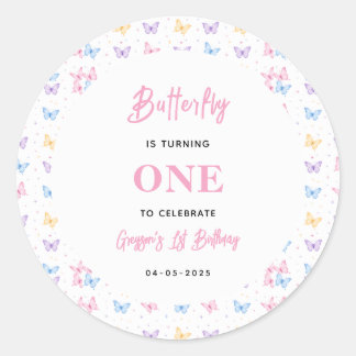 Sticker Rond Cute Pink Purple Butterfly 1st Birthday for Girls