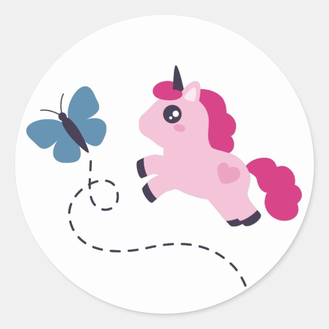 Sticker Rond Cute Pink Unicorn avec un Papillon (Devant)