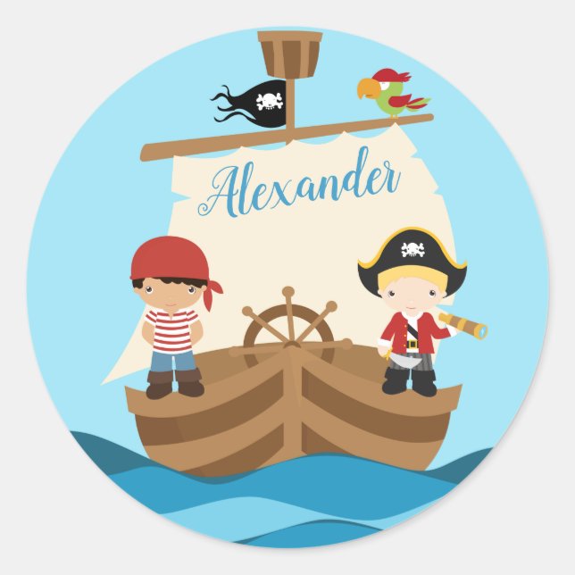 Sticker Rond Cute Pirate Boys & A Big Ship Nom Personnalisé (Devant)