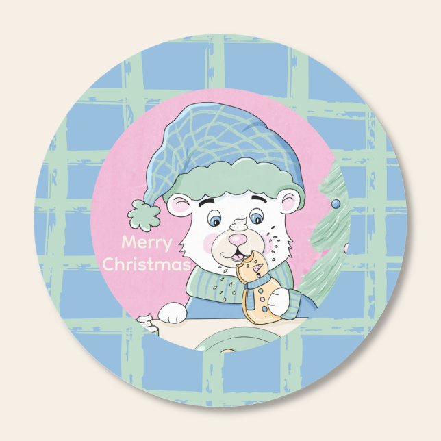 Sticker Rond Cute Polar Bear Cub avec Cookie Christmas Stick (Cute polar bear cub nibbling on a home baked cookie Christmas round sticker .)