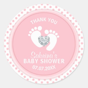 Sticker Rond Cute Polka Dot Rose Blanc Pieds Baby shower